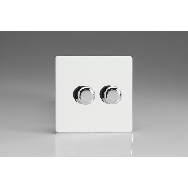 Varilight Screwless 2-Gang 2-Way Push-On/Off Rotary LED Dimmer 2 x 0-120W (1-10 LEDs) V-Pro Premium White Chrome Knobs