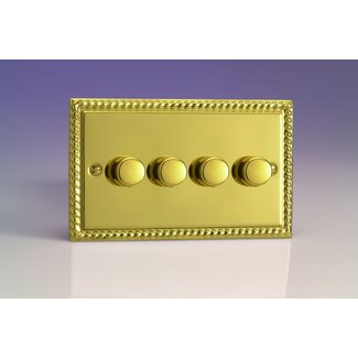 Varilight Classic 4-Gang 2-Way Push-On/Off Rotary LED Dimmer 4 x 0-120W (1-10 LEDs) (Twin Plate) V-Pro Georgian Brass Brass Knobs