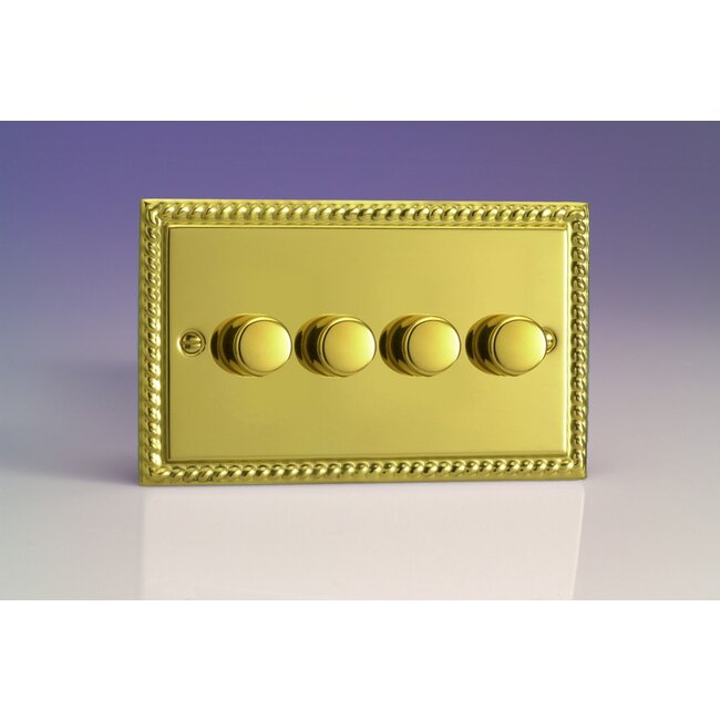 Varilight Classic 4-Gang 2-Way Push-On/Off Rotary LED Dimmer 4 x 0-120W (1-10 LEDs) (Twin Plate) V-Pro Georgian Brass Brass Knobs
