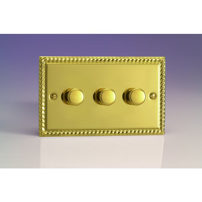 Varilight Classic 3-Gang 2-Way Push-On/Off Rotary LED Dimmer 3 x 0-120W (1-10 LEDs) (Twin Plate) V-Pro Georgian Brass Brass Knobs