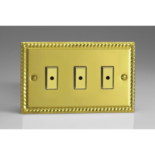 Varilight Classic 3-Gang 1-Way V-Pro Multi-Point Remote/Tactile Touch Control Master LED Dimmer 3 x 0-100W (1-10 LEDs) (Twin Plate) V-Pro Multi-Point Remote (formerly Eclique2) Georgian Brass Brass Buttons