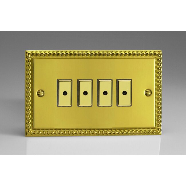 Varilight Classic 4-Gang 1-Way V-Pro Multi-Point Remote/Tactile Touch Control Master LED Dimmer 4 x 0-100W (1-10 LEDs) (Twin Plate) V-Pro Multi-Point Remote (formerly Eclique2) Georgian Brass Brass Buttons