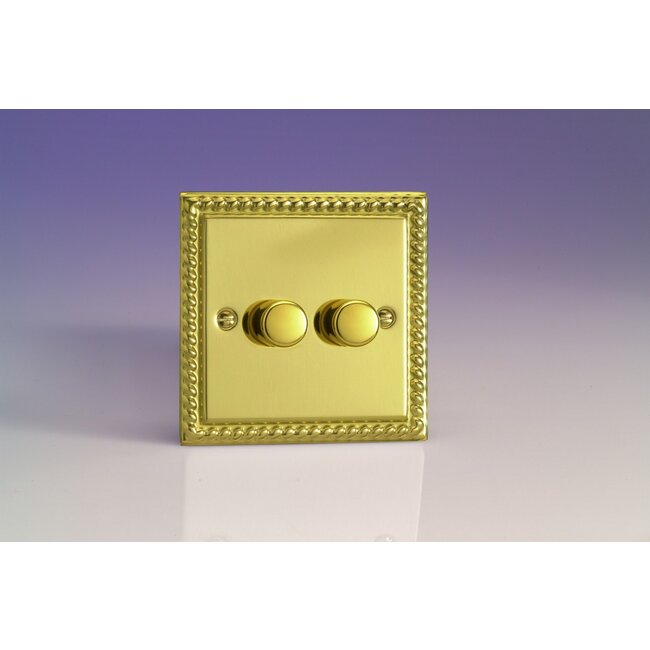 Varilight Classic 2-Gang 2-Way Push-On/Off Rotary LED Dimmer 2 x 0-120W (1-10 LEDs) V-Pro Georgian Brass Brass Knobs