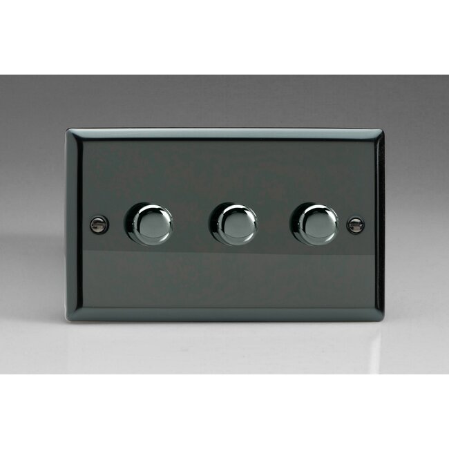 Varilight Classic 3-Gang 2-Way Push-On/Off Rotary LED Dimmer 3 x 0-120W (1-10 LEDs) (Twin Plate) V-Pro Iridium Iridium Knobs