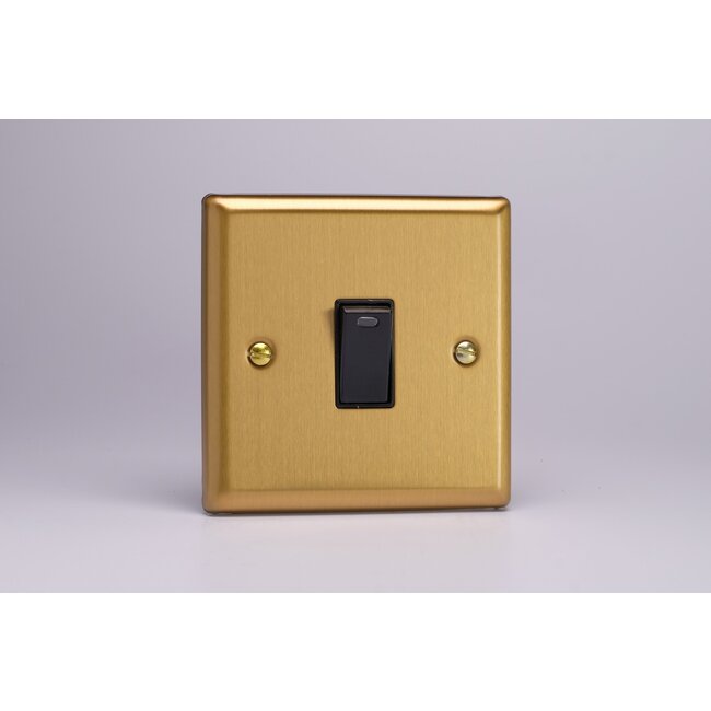 Varilight Classic 1-Gang 20A Double Pole Rocker Switch + Neon Indicator Light Black Brushed Brass Black Rocker