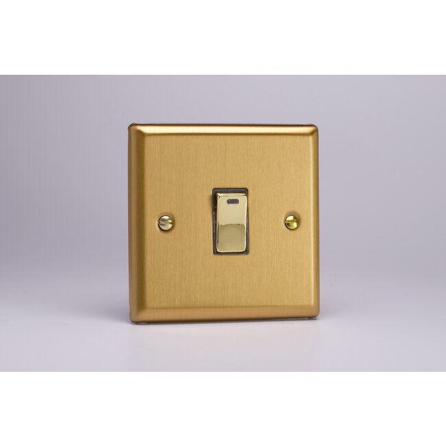 Varilight Classic 1-Gang 20A Double Pole Rocker Switch + Neon Indicator Light with Metal Rockers Decorative Brushed Brass Brass Rocker