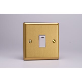 Varilight Classic 1-Gang 20A Double Pole Rocker Switch + Neon Indicator Light White Brushed Brass White Rocker