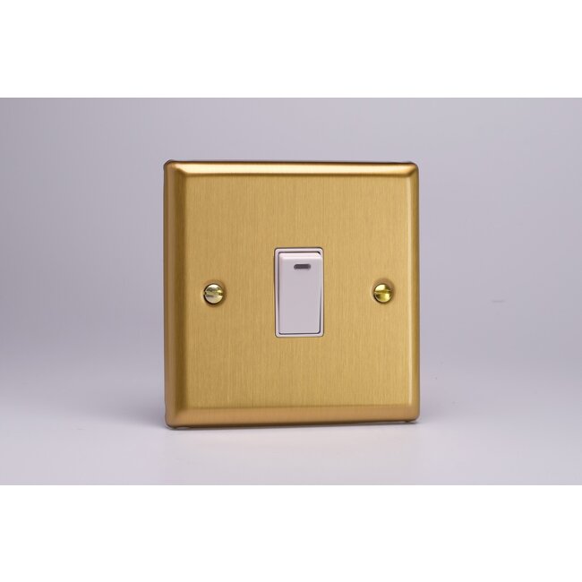 Varilight Classic 1-Gang 20A Double Pole Rocker Switch + Neon Indicator Light White Brushed Brass White Rocker