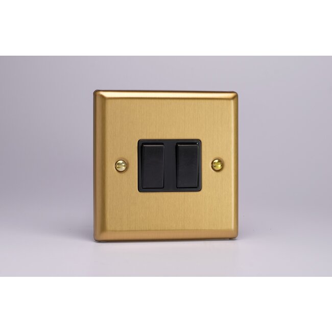 Varilight Classic 2-Gang 10A 1- or 2-Way Rocker Switch Black Brushed Brass Black Rockers