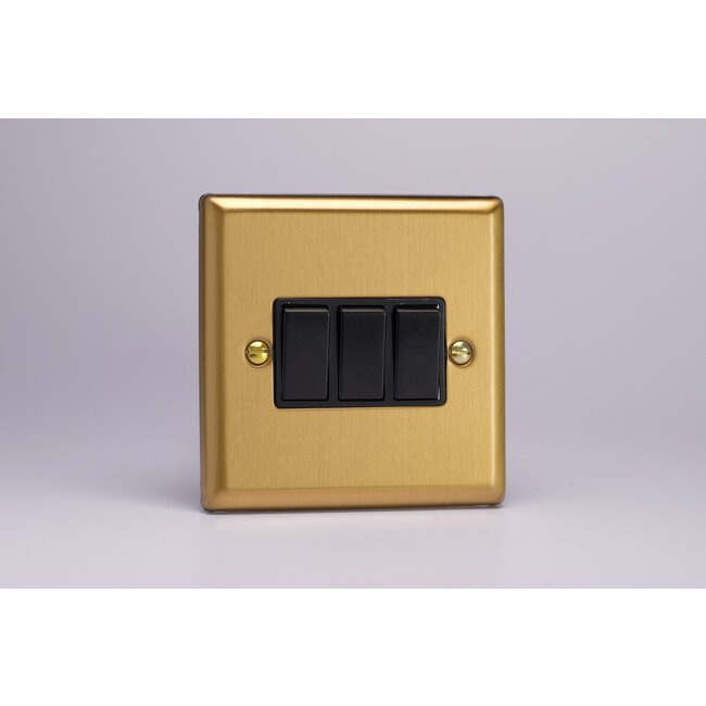 Varilight Classic 3-Gang 10A 1- or 2-Way Rocker Switch Black Brushed Brass Black Rockers