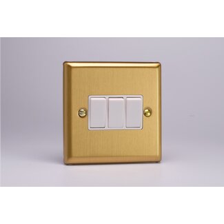 Varilight Classic 3-Gang 10A 1- or 2-Way Rocker Switch White Brushed Brass White Rockers