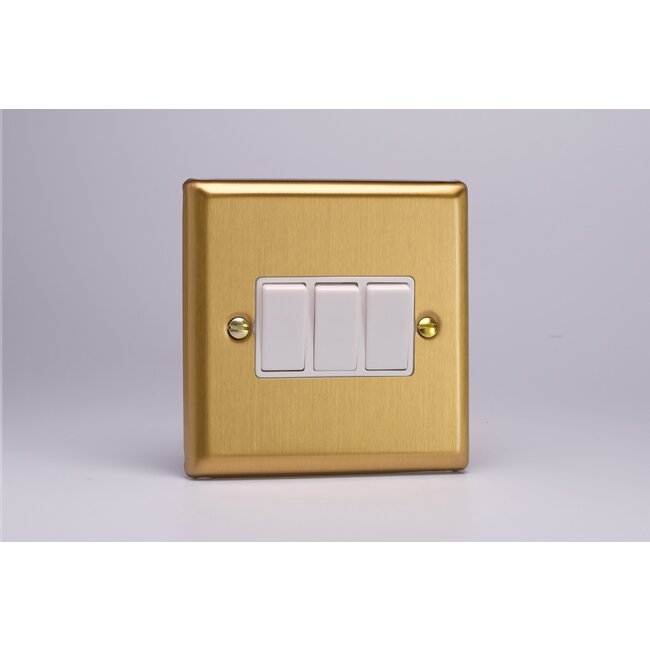 Varilight Classic 3-Gang 10A 1- or 2-Way Rocker Switch White Brushed Brass White Rockers