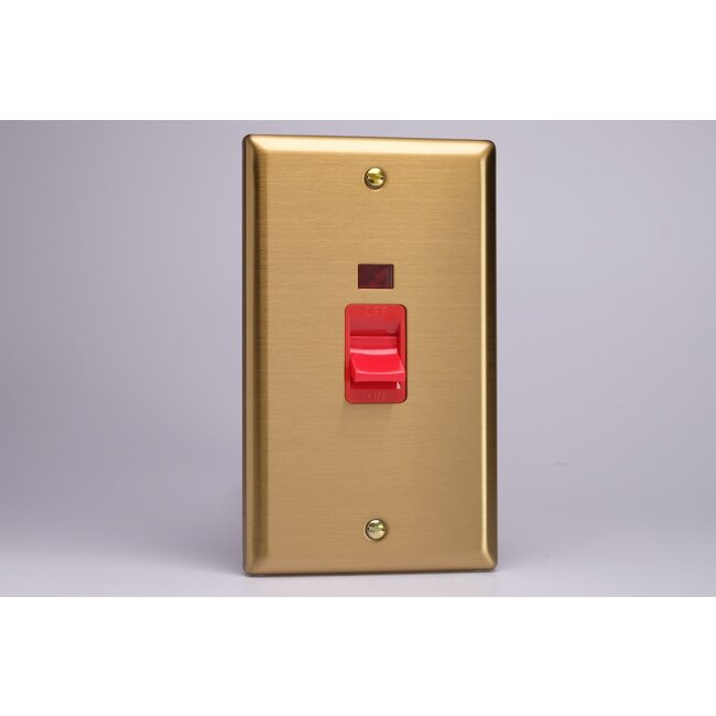 Varilight Classic 45A Cooker Switch + Neon (Vertical Twin Plate, Red Rocker) Red Brushed Brass Red Insert