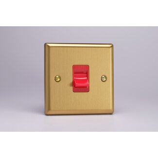 Varilight Classic 45A Cooker Switch (Single Plate, Red Rocker) Red Brushed Brass Red Insert