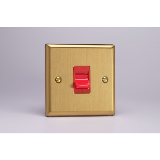 Varilight Classic 45A Cooker Switch (Single Plate, Red Rocker) Red Brushed Brass Red Insert
