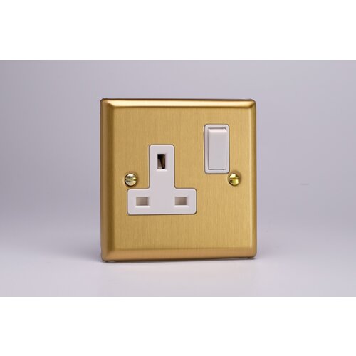 Varilight Classic 1-Gang 13A Double Pole Switched Socket White Brushed Brass White Inserts Varilight Classic 1-Gang 13A Double Pole Switched Socket White Brushed Brass White Inserts