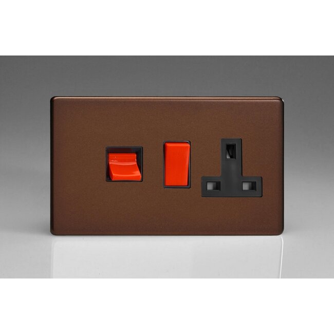 Varilight Screwless 45A Cooker Panel with 13A Double Pole Switched Socket Outlet (Red Rocker) Black Mocha Black/Red Inserts