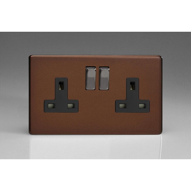 Varilight Screwless 2-Gang 13A Double Pole Switched Socket with Metal Rockers Black Mocha Iridium/Black Inserts