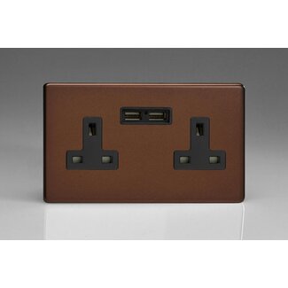 Varilight Screwless 2-Gang 13A Unswitched Socket + 2x5V DC 2100mA USB Charging Ports Black Mocha Black Inserts
