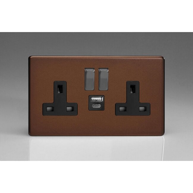 Varilight Screwless 2-Gang 13A Single Pole Switched Socket with 1x USB A & 1x USB C Charging Ports Black Mocha Iridium Rocker