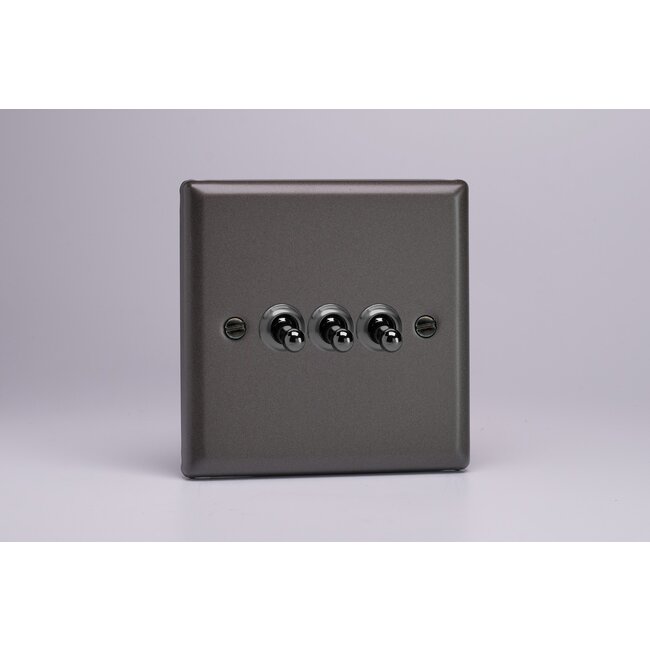 Varilight Classic 3-Gang 10A 1- or 2-Way Toggle Switch Decorative Graphite 21 Chrome Toggles
