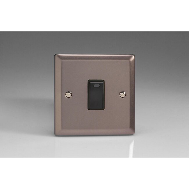 Varilight Classic 1-Gang 20A Double Pole Rocker Switch + Neon Indicator Light Black Pewter Black Rocker