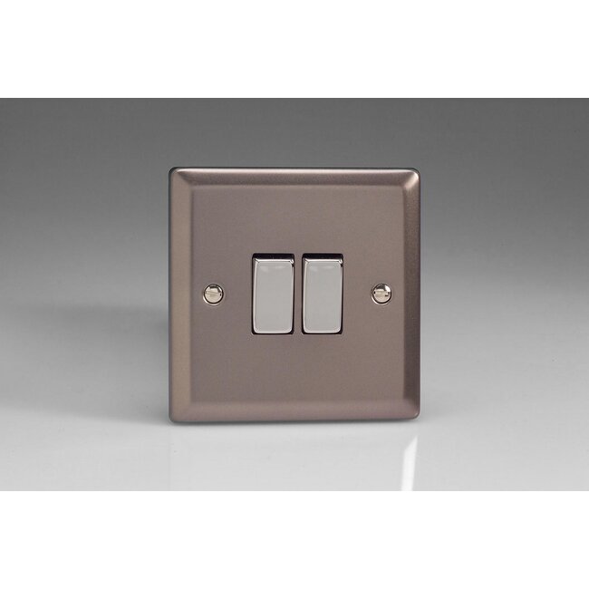 Varilight Classic 2-Gang 10A 1- or 2-Way Rocker Switch with Metal Rockers Decorative Pewter Chrome Rockers