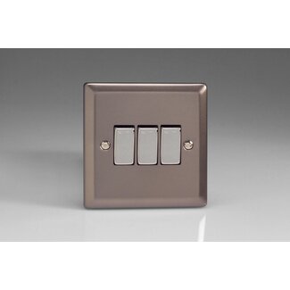 Varilight Classic 3-Gang 10A 1- or 2-Way Rocker Switch with Metal Rockers Decorative Pewter Chrome Rockers