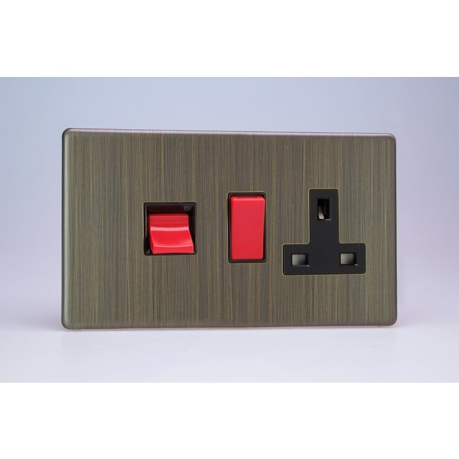 Varilight Urban Screwless 45A Cooker Panel with 13A Double Pole Switched Socket Outlet (Red Rocker) Black Antique Brass Black