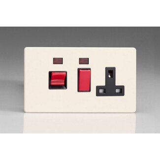 Varilight Screwless 45A Cooker Panel + Neon with 13A Double Pole Switched Socket Outlet (Red Rocker) Black Primed Black/Red Inserts