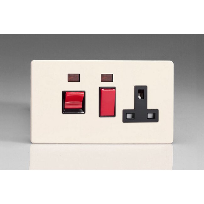 Varilight Screwless 45A Cooker Panel + Neon with 13A Double Pole Switched Socket Outlet (Red Rocker) Black Primed Black/Red Inserts