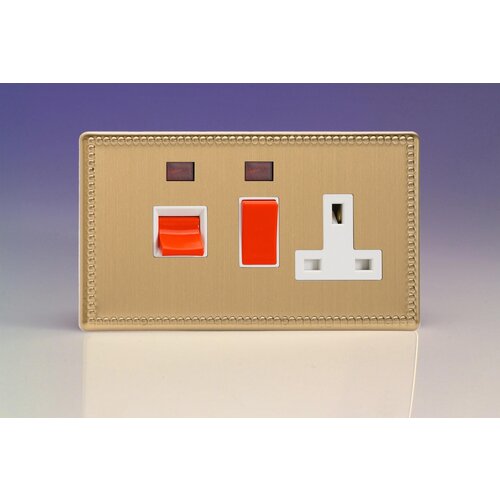 Varilight Jubilee 45A Cooker Panel + Neon with 13A Double Pole Switched Socket Outlet (Red Rocker) White Brushed Brass White/Red Inserts Varilight Jubilee 45A Cooker Panel + Neon with 13A Double Pole Switched Socket Outlet (Red Rocker) White Brushed Brass White/Red Inserts