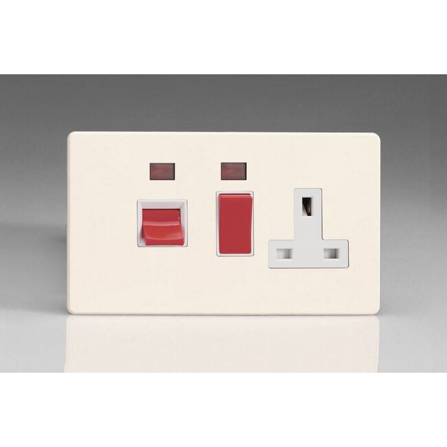 Varilight Screwless 45A Cooker Panel + Neon with 13A Double Pole Switched Socket Outlet (Red Rocker) White Primed White/Red Inserts