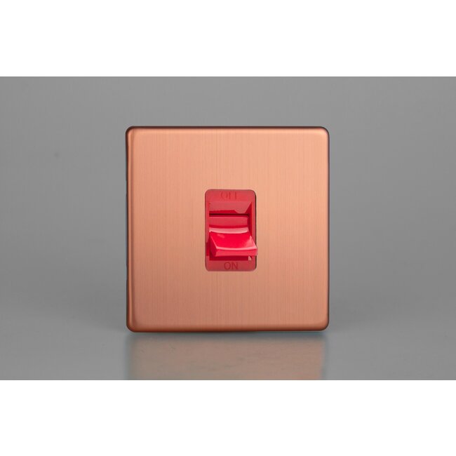 Varilight Urban Screwless 45A Cooker Switch (Single Plate, Red Rocker) Red Brushed Copper Red Insert