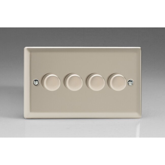 Varilight Classic 4-Gang 2-Way Push-On/Off Rotary LED Dimmer 4 x 0-120W (1-10 LEDs) (Twin Plate) V-Pro Satin Satin Chrome Knobs