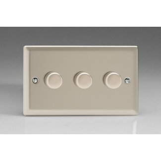 Varilight Classic 3-Gang 2-Way Push-On/Off Rotary LED Dimmer 3 x 0-120W (1-10 LEDs) (Twin Plate) V-Pro Satin Satin Chrome Knobs