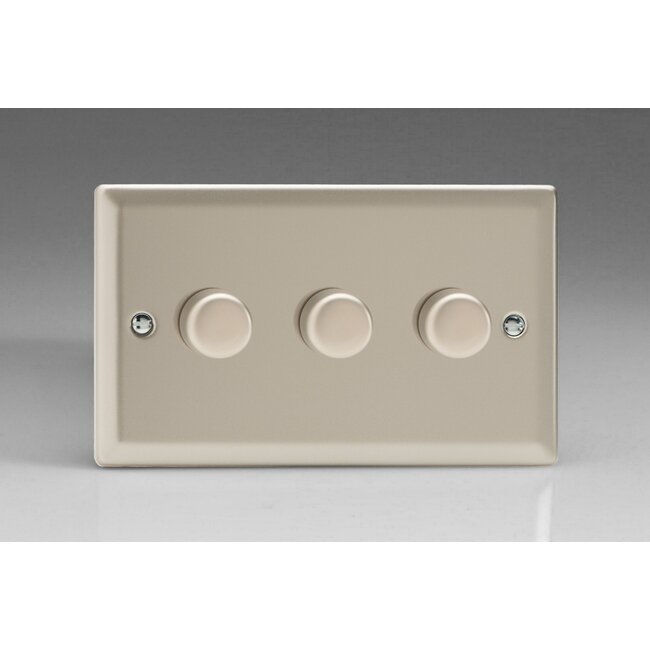 Varilight Classic 3-Gang 2-Way Push-On/Off Rotary LED Dimmer 3 x 0-120W (1-10 LEDs) (Twin Plate) V-Pro Satin Satin Chrome Knobs