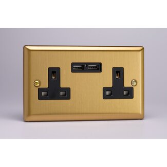 Varilight Classic 2-Gang 13A Unswitched Socket + 2x5V DC 2100mA USB Charging Ports Black Brushed Brass Black Inserts