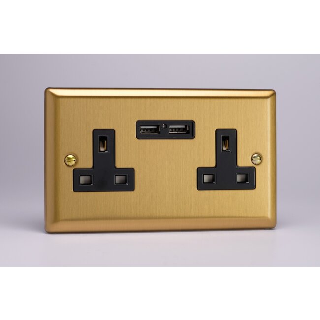 Varilight Classic 2-Gang 13A Unswitched Socket + 2x5V DC 2100mA USB Charging Ports Black Brushed Brass Black Inserts