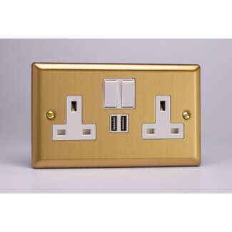 Varilight Classic 2-Gang 13A Single Pole Switched Socket + 2x5V DC 2100mA USB Charging Ports  White Brushed Brass White Inserts