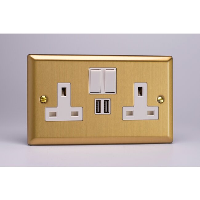 Varilight Classic 2-Gang 13A Single Pole Switched Socket + 2x5V DC 2100mA USB Charging Ports  White Brushed Brass White Inserts