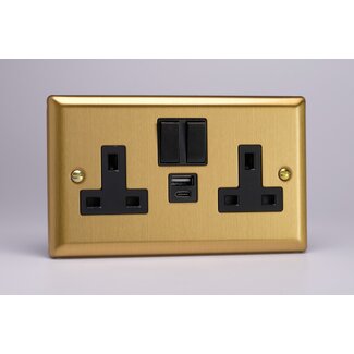 Varilight Classic 2-Gang 13A Single Pole Switched Socket with 1x USB A & 1x USB C Charging Ports Black Brushed Brass Black Insert