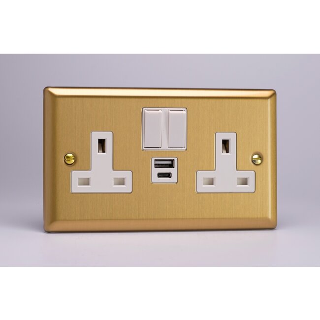 Varilight Classic 2-Gang 13A Single Pole Switched Socket with 1x USB A & 1x USB C Charging Ports White Brushed Brass White Insert