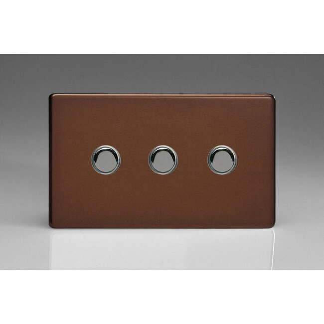 Varilight Screwless 3-Gang 6A 1- or 2-Way Push-On/Off Impulse Switch (Twin Plate) Decorative Mocha Iridium Buttons