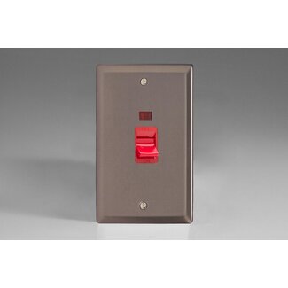 Varilight Classic 45A Cooker Switch + Neon (Vertical Twin Plate, Red Rocker) Red Pewter Red Insert