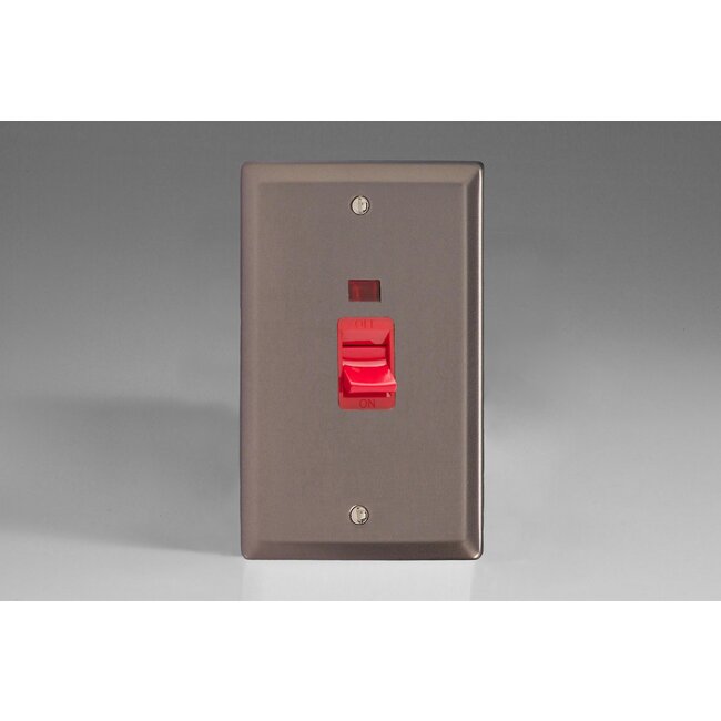 Varilight Classic 45A Cooker Switch + Neon (Vertical Twin Plate, Red Rocker) Red Pewter Red Insert