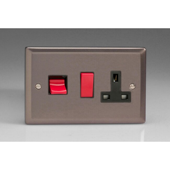 Varilight Classic 45A Cooker Panel with 13A Double Pole Switched Socket Outlet (Red Rocker) Black Pewter Black/Red Inserts