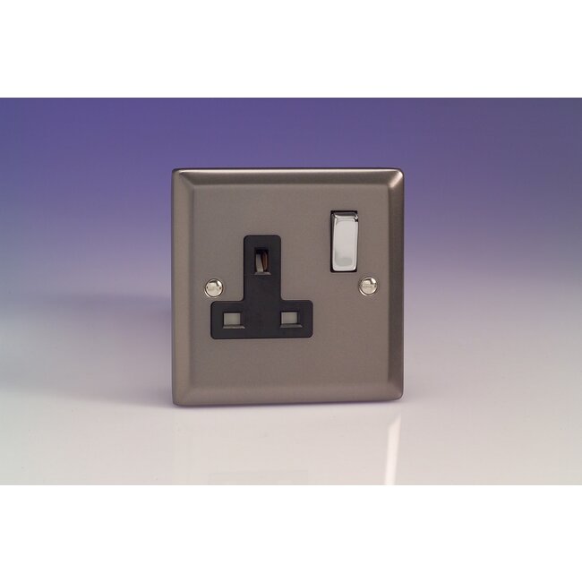 Varilight Classic 1-Gang 13A Double Pole Switched Socket with Metal Rockers Black Pewter Black Inserts