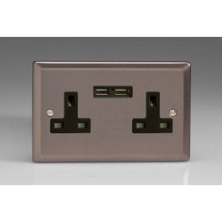 Varilight Classic 2-Gang 13A Unswitched Socket + 2x5V DC 2100mA USB Charging Ports Black Pewter Black Inserts