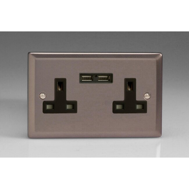 Varilight Classic 2-Gang 13A Unswitched Socket + 2x5V DC 2100mA USB Charging Ports Black Pewter Black Inserts